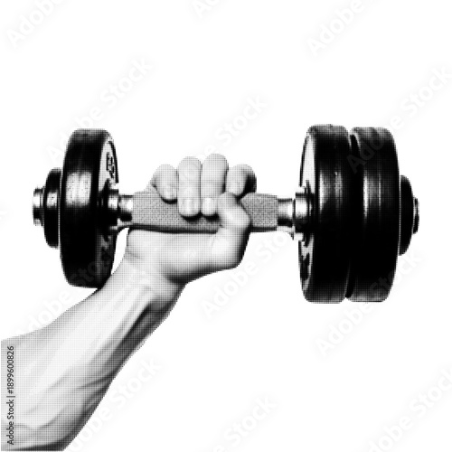 Human hand holding dumbbell in black and white halftone illustration, isolated on white background, fitness and strength training concept for sport, workout, and healthy lifestyle.