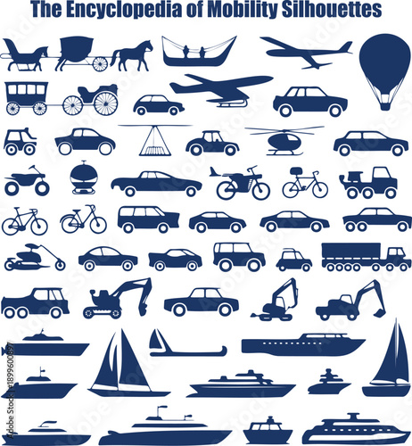 An extensive encyclopedia of blue silhouette icons representing diverse forms of mobility and transportation on a clean white background