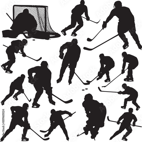 Dynamic black silhouettes of ice hockey players in various action poses during a game on a white surface