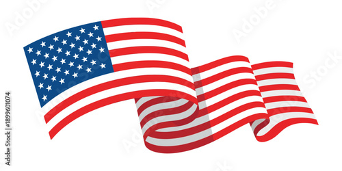 Waving American flag illustration with red and white stripes and blue stars, symbolizing patriotism and freedom, viewed from a straightforward perspective.