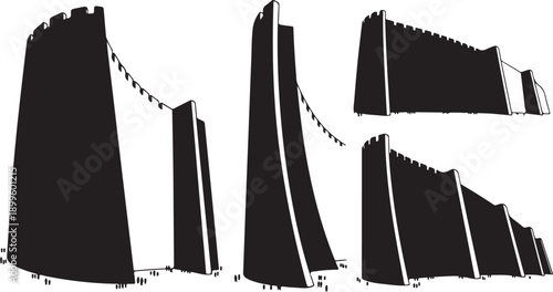 Black Silhouettes of Various Castle Walls and Towers