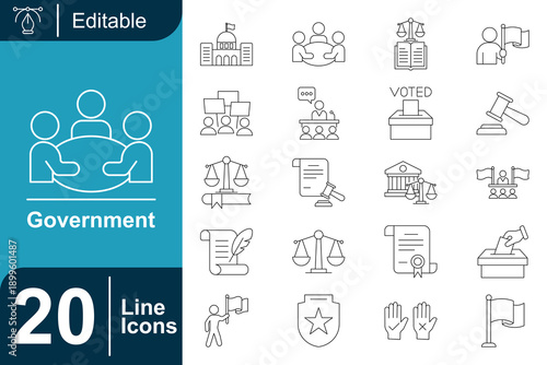 Government and Law Icons A Collection of Editable Line Graphics Representing Justice, Democracy, and Civic Administration
