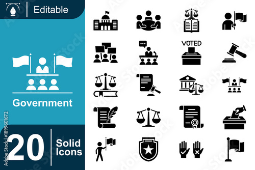 Government solid icons representing legal system, voting, democracy, law and justice with scales of justice, gavel, ballot box