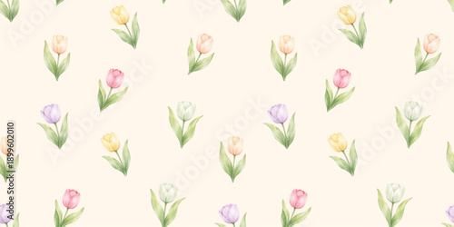 Watercolor spring tulips seamless pattern with pastel flowers and green leaves on soft beige background, ideal for spring decor, textiles, wrapping paper and floral designs
