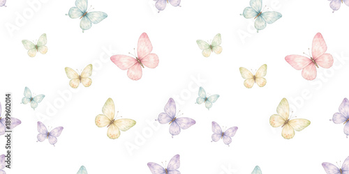 Watercolor pastel butterflies seamless pattern on transparent background, ideal for spring decor, nursery designs, wallpapers, textiles and gentle seasonal illustrations