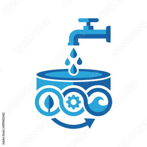 Water Conservation Illustration Featuring Faucet, Droplets, and Recycling Symbols