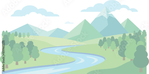 Serene landscape with river flowing through mountains and trees from a distant viewpoint