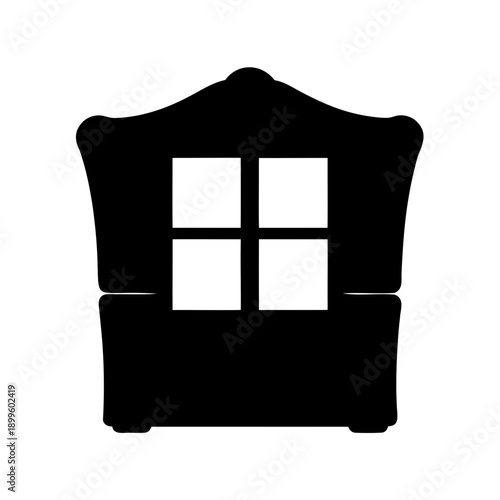 black and white graphic of a wingback chair with four white squares