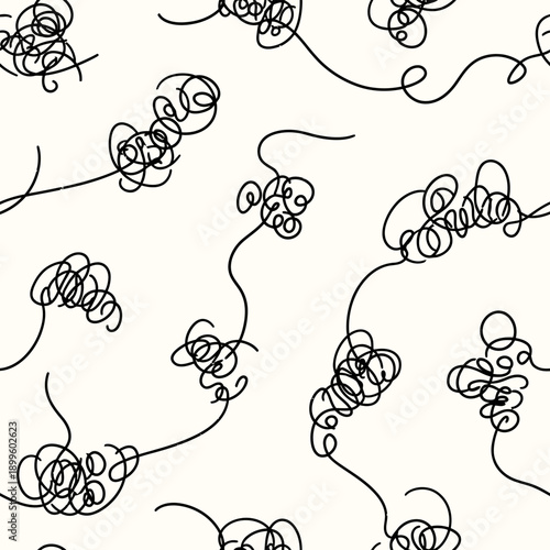 Abstract seamless pattern with tangled black lines and curly scribbles. Minimalist hand-drawn doodle style messy texture on a light beige background, ideal for graphic design.