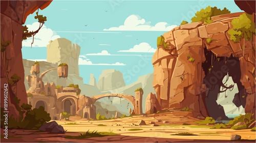Fantasy Landscape Exploration Ancient Ruins And Desert Adventure Cartoon Style Illustration Of A Desert Landscape With Old Buildings And Rock Formations