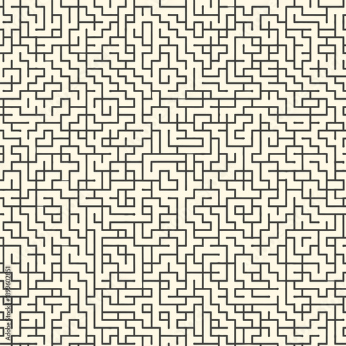 Seamless complex abstract maze pattern, a challenging labyrinth puzzle graphic with intricate black lines on a light background, symbolizing complexity and problem-solving.