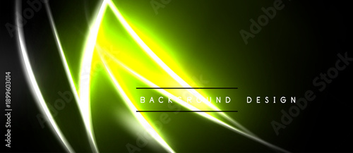Abstract neon lines create dynamic, glowing shapes over dark background. Vivid green dominates central area, suggesting energy.