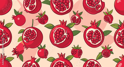 Dreamy light green background fruit paradise pattern showcasing beautiful sliced pomegranates, whole dragon fruits, juicy citrus fruits, sweet strawberries, pineapples and fresh figs composition
