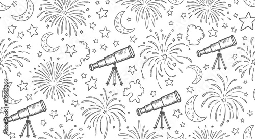 Telescopes, Fireworks, Night Sky, Festive Atmosphere, Outdoor Event, Whimsical Design