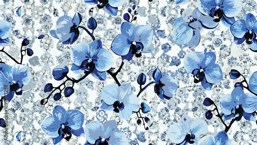 Blue orchid floral pattern with watercolor texture, seamless design for wallpaper or fabric, Isolated on transparent background, png