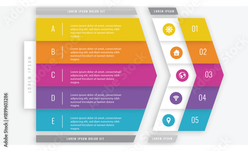 5-Step Business Process Infographic Template. Vector Presentation Slide Featuring Parallel Colorful Banners, Alphabetical and Numbered Stages, and Strategy Icons