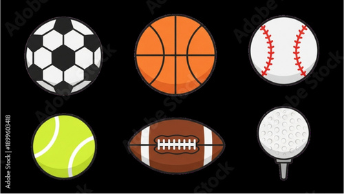 Collection of various sports equipment balls arranged neatly on a black background from a top-down viewpoint