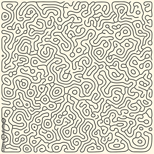 Abstract organic maze pattern with fluid black lines on a light beige background, resembling a complex cellular network or intricate labyrinth.