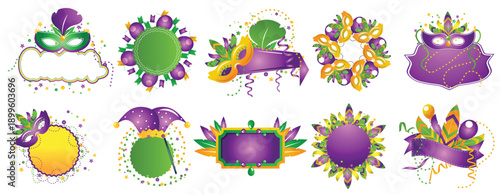 Mardi Gras Carnival Masks and Decorative Frames Set Over White Background Festival Concept