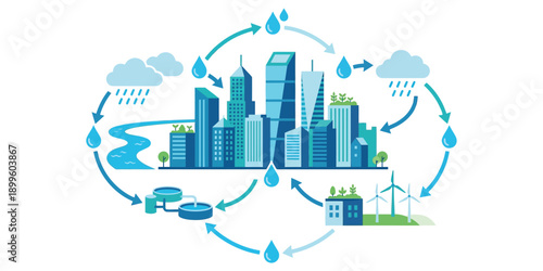 Sustainable cityscape illustration showcasing eco-friendly infrastructure and renewable energy sources in a circular environment from an aerial viewpoint