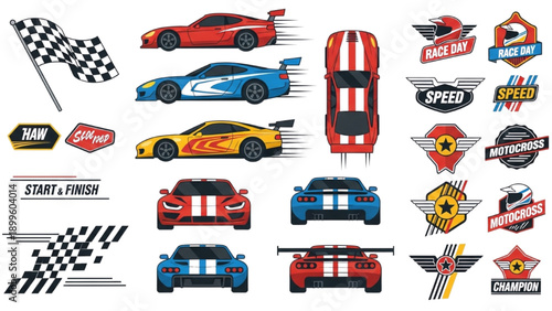 Racing cars and checkered flags with speed labels and racing elements on a competitive track scene