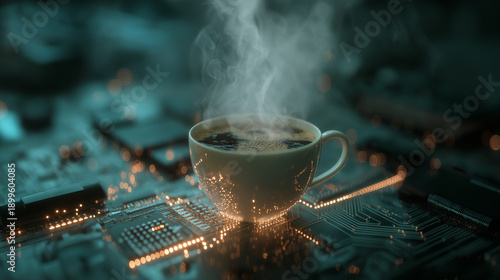 Futuristic Hot Coffee Cup on Glowing Digital Circuit Board Representing Technology Lifestyle, Innovation, Productivity and Artificial Intelligence Concept