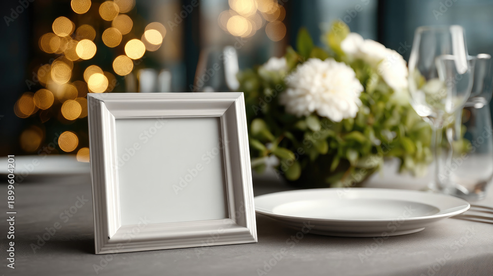 Obraz premium Empty Christmas frame festive table white flower plate glass bokeh light elegant holiday decoration celebration