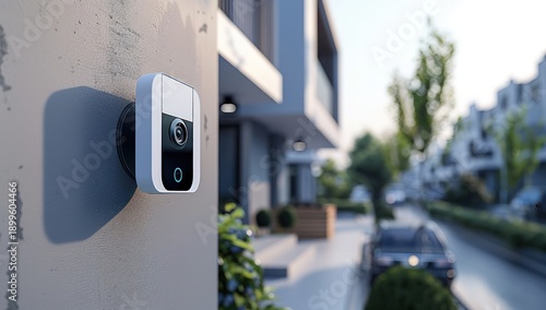 Modern security camera on textured wall of stylish house, residential street in background