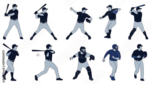 Collection of baseball players in various dynamic poses and actions on the field from different viewpoints