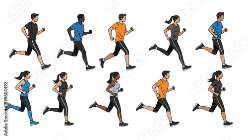 Group of people running together in a synchronized manner on a plain white background from a top-down viewpoint
