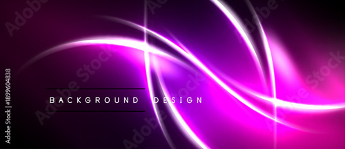 Bright pink neon lines swirl over dark purple background. Modern abstract design with text overlay. Simple, vibrant, energetic.