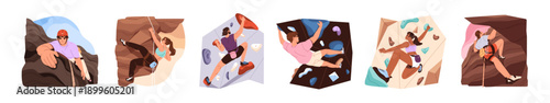 Rock climbing people set. Climbers are bouldering in gym and outdoors. Alpinists are training on artificial mountain wall. Men and women go alpinism. Flat isolated vector illustrations on white