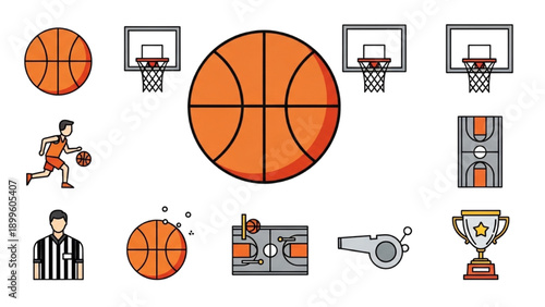 Basketball icons set depicting players, courts, and equipment in a modern illustration style