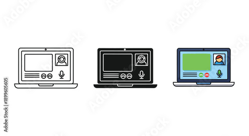 Set of three distinct laptop icons illustrating an active online video conference call with user controls displayed on the screen