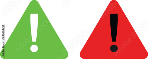 Warning alert icon set with exclamation mark symbols in green and red triangles for safety notification caution error message and important information isolated on white background.