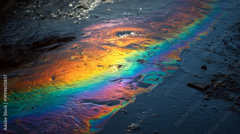 Obraz premium Oil slick rainbow texture iridescent colorful wet surface abstract reflection vibrant create mesmerizing pattern on ground with natural oil slick evoking sense of wonder and beauty