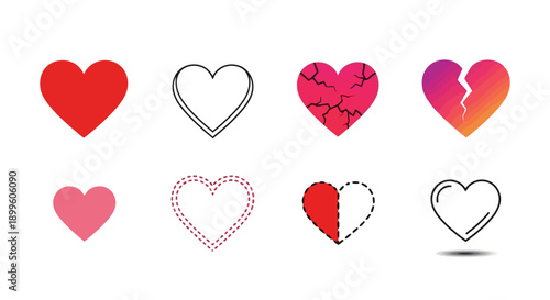 Vector Heart Icons Set Solid outline cracked and broken styles EPS10 Stock.eps