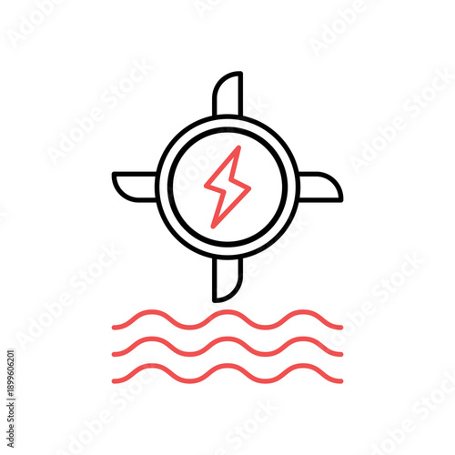 Icon a hydro power generation with water waves and turbine, isolated against a clean background.