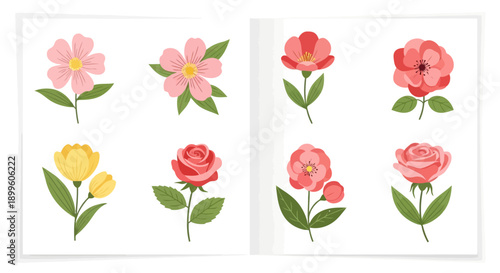 Charming Flat Vector Flower Illustrations Set Roses Tulips Diverse Blooms EPS10 Stock.eps