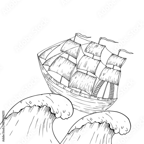 Vector wind sail boat on sea waves. Hand painted linear fishing ship illustration. Graphic monochrome sketch isolated on background. For designers, prints, logo, icon, menu, postcards, holiday, cover