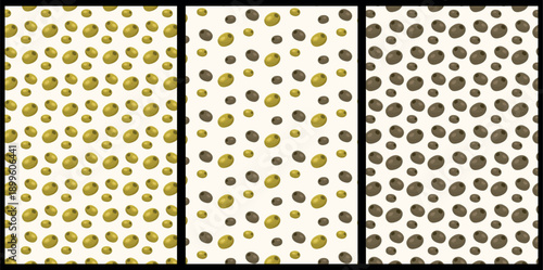 Set of seamless olive patterns with green and black olives in minimal flat food style