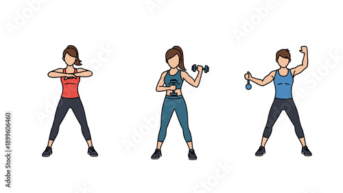 Women Exercising Chest Press Dumbbell Curl and Kettlebell Swing