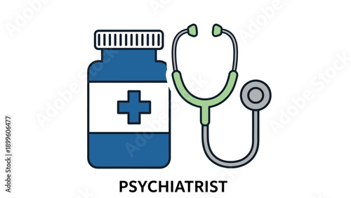 Psychiatrist Symbol Pills Bottle and Stethoscope
