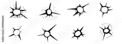 Bullet holes set, Damage and cracks on surface from bullet. Different damaged element from bullet. Gunshot weapons impact marks.