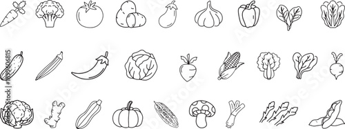 Vegetables line icon set. Healthy eating and cooking concepts. Vector illustration of broccoli, potato, onion, garlic, lettuce, spinach, pepper, cucumber, pumpkin, turnip, celery, cabbage, mushroom