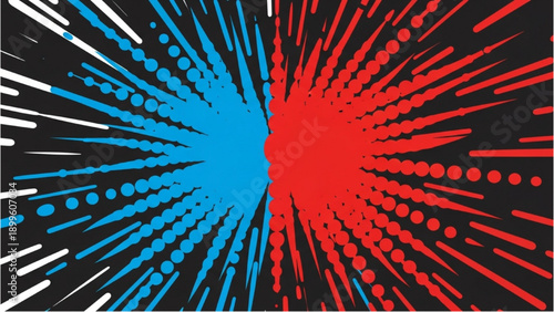 Dynamic explosion of red and blue rays emanating from the center, creating a vibrant and energetic visual effect.