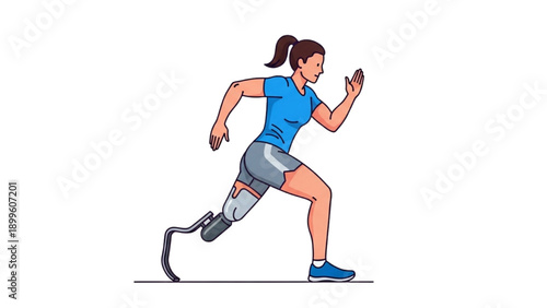 Female athlete with prosthetic leg running dynamically in a sports illustration