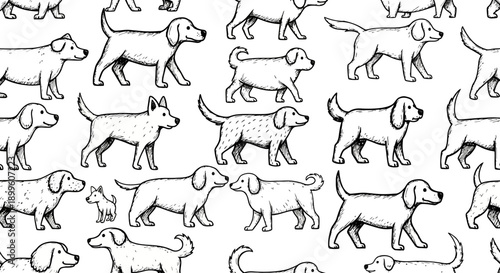 Playful Illustration of Various Dog Breeds in a Fun Pattern, Perfect for Animal Lovers and Pet Enthusiasts