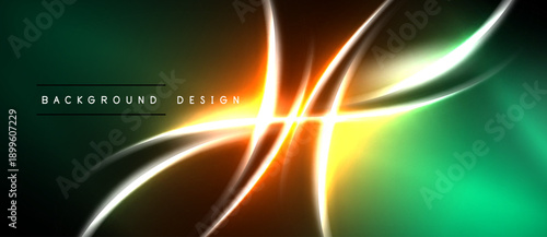 Abstract neon lines intersect over dark green background. Bright orange glow creates dynamic visual effect. Modern design element.