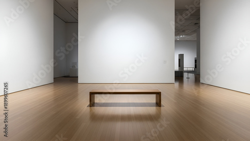 Modern minimalist art gallery interior with wooden bench and white walls